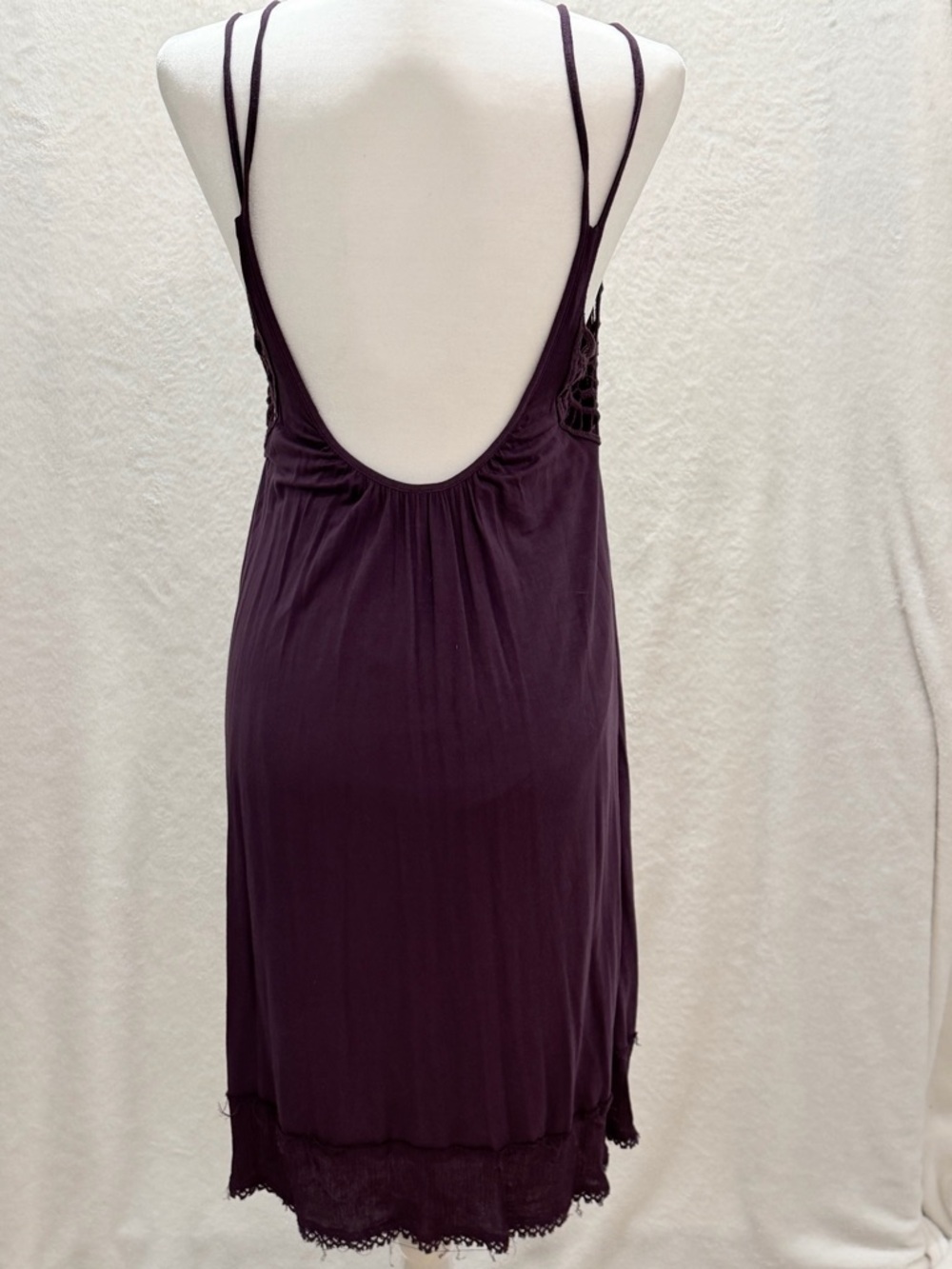 Dangerous Low Back Free People Deep Plum Swing Dress W/ Crochet Neck & Lace Hem - Picture 7 of 9